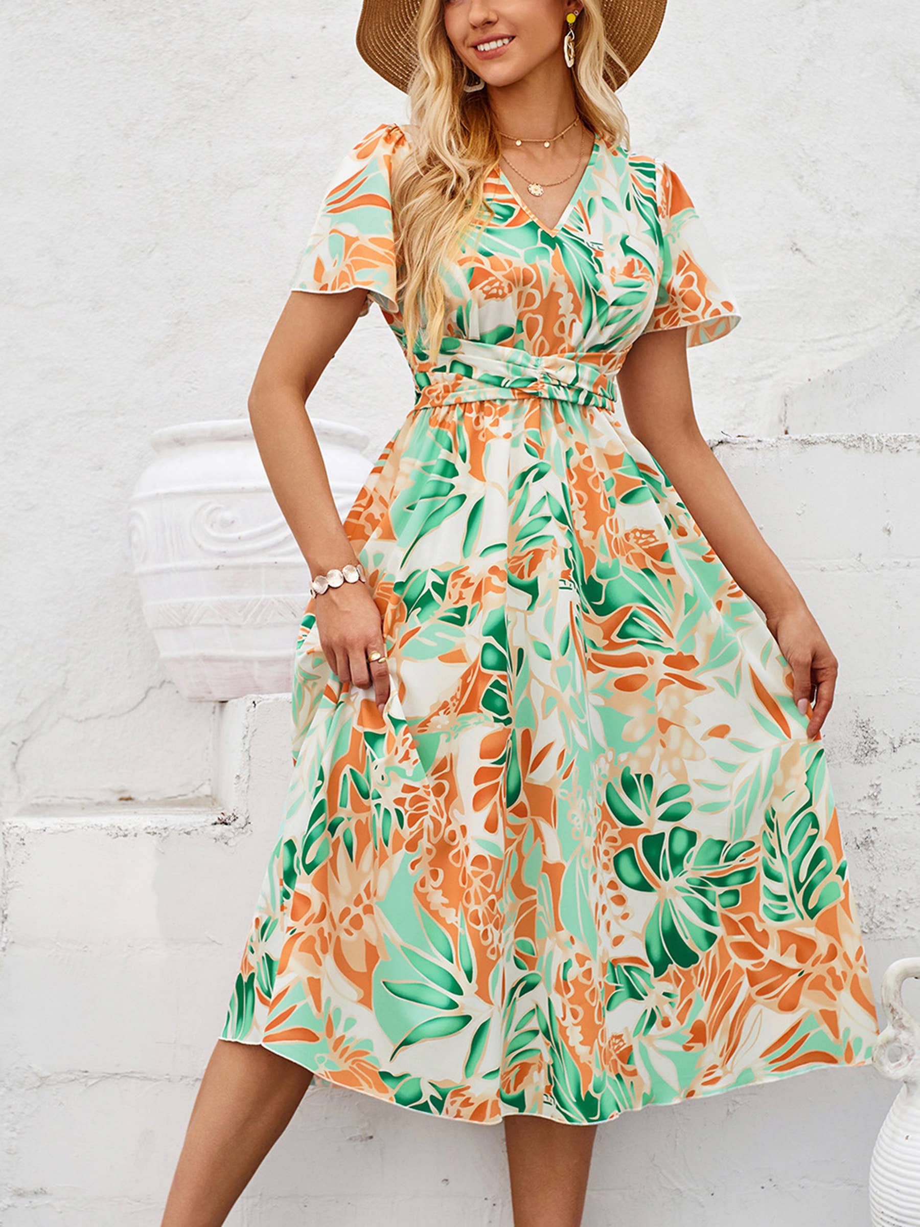 v neck cotton dress with sleeves 3/4 Sleeve Cotton Linen Lounge Dress Women's Casual V-Neck Midi Dresses  Bohemian Sundress Loose Beach Dress