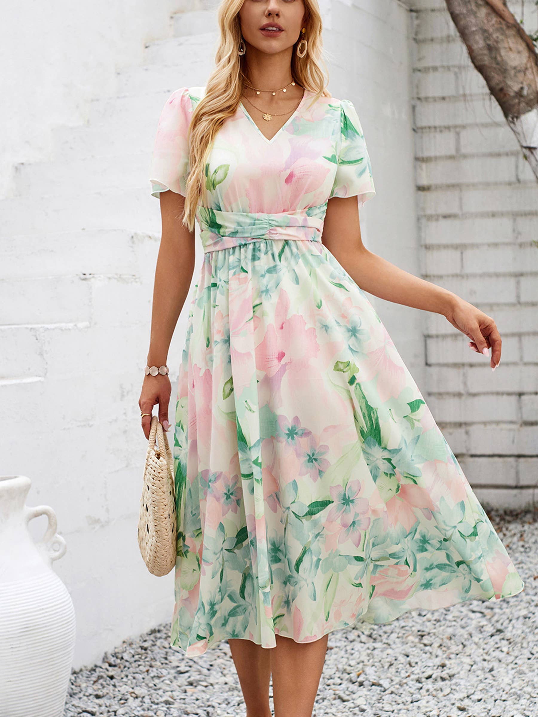 summer dress short sleeve v neck Women's Mini Fall Dress Ditsy Surplice V Neck Short Sleeve Elastic Waist Casual Summer Dresses Khaki XL